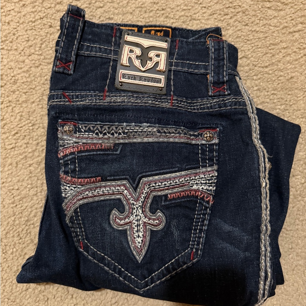 Rock Revival Men’s Jeans Size 34 Dark Wash Red Stitch Buckle
